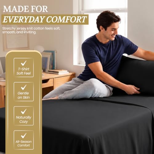Twin XL Cotton Knit Jersey Sheet Set, 15" Deep Pocket, Black, 3PC