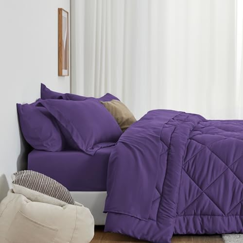 Love's cabin Twin XL Comforter Set Purple, 5 Pieces Twin XL Bed in a Bag, All Season Bedding Sets with 1 Comforter, 1 Flat Sheet, 1 Fitted Sheet, 1 Pillowcase and 1 Pillow Sham