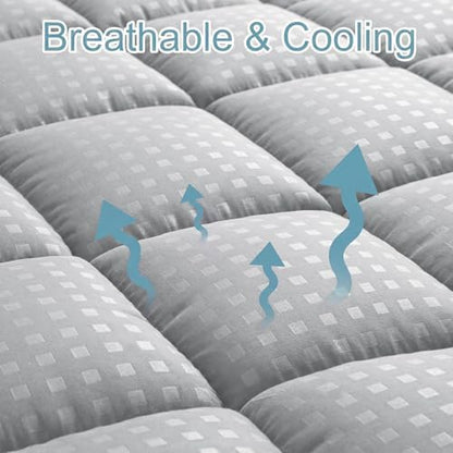 HYLEORY California King Mattress Pad Quilted Fitted Mattress Protector Cooling Pillow Top Mattress Cover Breathable Fluffy Soft Mattress Topper with 8-21" Deep Pocket, Light Grey