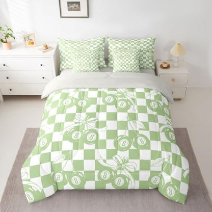 Erosebridal Fashion Y2K Bow 7 Piece Bedding Set King Size for Kids Boys Girls,Trendy Lucky 8 Ball Bowknot Comforter Set Cute Green Cherry Ball Bed in A Bag with Sheets Preppy Aesthetic Plaid Bed Set