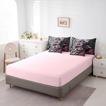 Girls Race Car 7 Pieces Bedding Set Full Bed in a Bag,Women Racing Game Comforter Set with Comforter,Flat,Fitted Sheet,Pillowcases,Pillow Covers,3D Pink Race Car Soft Warm Microfiber Bedding