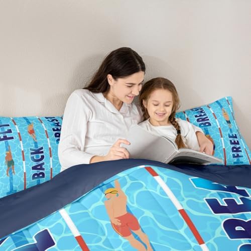 Homewish Swimming Bedding Sets Full Size,3D Blue Swimming Pool Comforter Set 3Pcs,Swimmer Quilted Duvet for Kids Girls Boys Teens Room Decor,Swim Sports Lover Down Comforter,2 Pillowcases