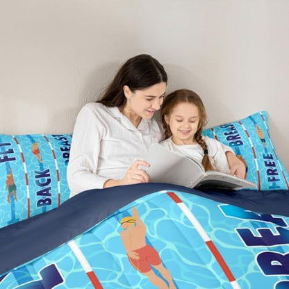 Homewish Swimming Bedding Sets Full Size,3D Blue Swimming Pool Comforter Set 3Pcs,Swimmer Quilted Duvet for Kids Girls Boys Teens Room Decor,Swim Sports Lover Down Comforter,2 Pillowcases