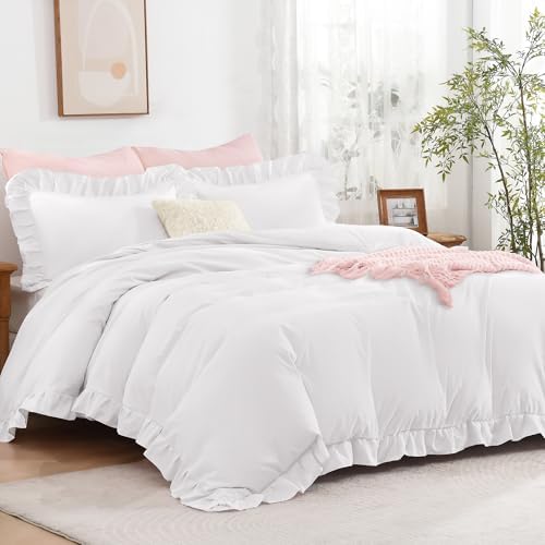 Andency White Ruffle Duvet Cover King, Shabby Chic Farmhouse Bedding Set