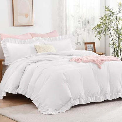 Andency White Ruffle Duvet Cover King, Shabby Chic Farmhouse Bedding Set
