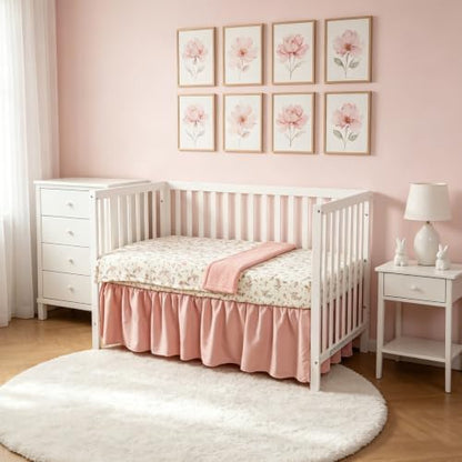 Organic Cotton Muslin Baby Crib Bedding Set 3 Piece Soft for Infant Newborn Toddler Boys Girls 52"x28", Nursery Bed Quilt Set Decor with Fitted Crib Sheet, Floral Quilted Comforter Blanket, Bed Skirt