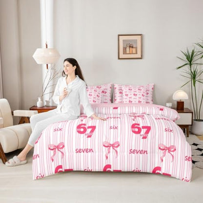 Erosebridal Girly Coquette Bowknot 7 Piece Bedding Set Queen Size Pink 67 Bow Comforter Set for Kids Girls Birthday Gifts,Watercolor Six Seven Bed in A Bag Pink Striped Number 67 Print Bed Set