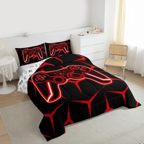 Feelyou Gamer Bedding Set Queen Size Gaming Duvet Quilt for Kids Teens Adults Game Controller Comforter Set Geometric Gamepad Red Room Decor 3Pcs with 2 Pillow Case