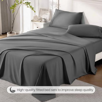 ROSE&RISY Dark Grey King Sheet Set, 4 Pieces Soft Bedding King Sheet Set, Breathable and Cooling,Includes 1 x Fitted Sheet, 1 x Flat Sheet, 2 x Pillowcases - Deep Pocket (Dark Grey, King)