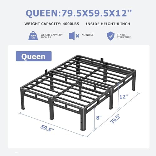 NKZ Metal Platform Bed Frame Queen Size, 12 Inch Dual-Layer Heavy Duty Base