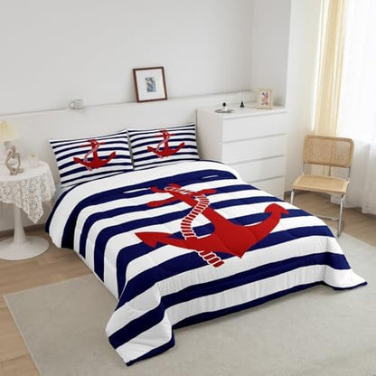 Geometric Stripes Comforter Set Twin Size,Nautical Anchor Bedding Sets 2Pcs Kids Boys Bedroom Decor 1 Pillowcase Ocean Adventure Theme Quilted Duvet Modern Navy Blue Red Bedspread Comforter