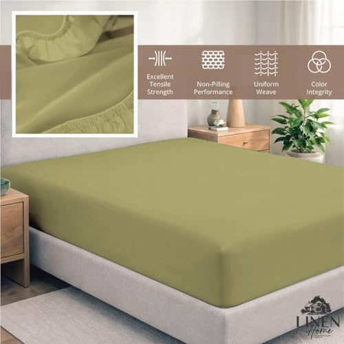 Linen Home 100% Cotton Percale Twin Size Fitted Sheet only, Oil Green