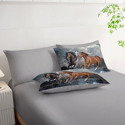 7Pcs Comforter Set 3D Western Horses Printed Bedding Set with 1 Comforter, 1 Flat Sheet, 1 Fitted Sheet and 4 Pillowcases for Boys and Girls Bedroom All Season(Horses Twin)
