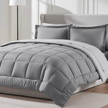 Nestl 9 Piece Full Comforter Set – Grey Reversible Bed in a Bag – Complete Full Size Bedding Set with Sheets, Set of 2 Cooling Pillows, Pillowcases and Shams