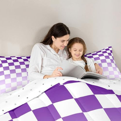 Feelyou Checkered Bedding Set for Boys Girls Modern Geometric Gradient Purple Comforter Set Twin Size Cute Neutral Plaid Duvet Quilt Vintage Aesthetic Bedroom Decor 2 Pcs with 1 Pillow Cases