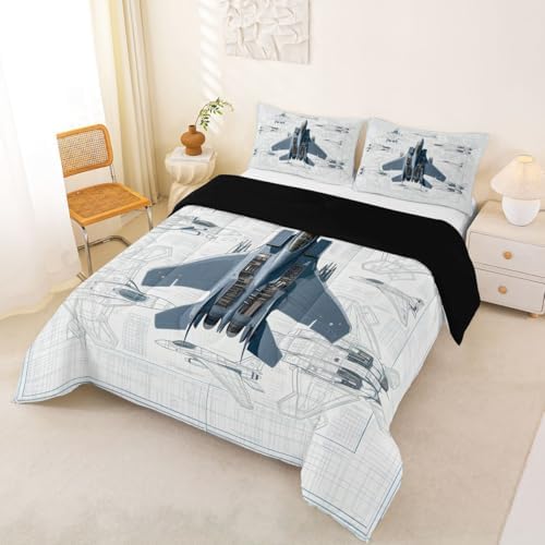 Erosebridal Fighter Aircraft Kids Comforter Sets Military Jet Full Bedding Set for Boys Girls Hand Drawn Grid Aircraft Comforter Set Modern Flying Airplane Quilt Duvet 3 Pcs
