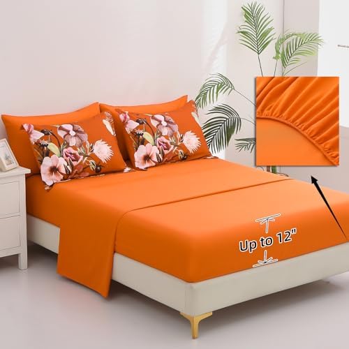 Luxudecor Terracotta Floral Comforter Set Queen Size 7 Piece, Flower Bed in a Bag, Elegant Floral Comforter with Sheet Set, Soft Microfiber Bedding Set for All Season (Terracotta, 90"x90")