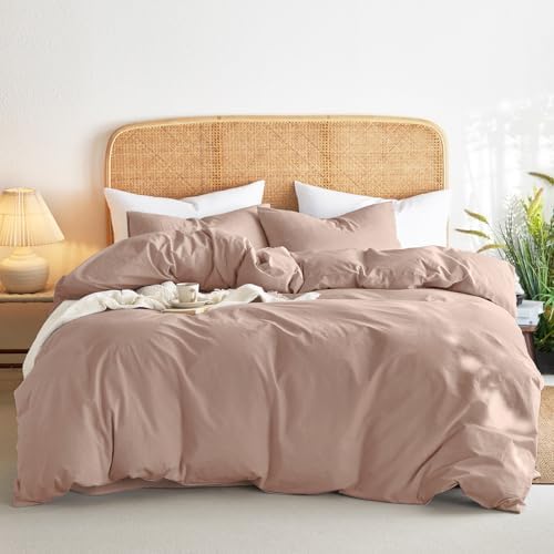 Wake In Cloud - Cotton Duvet Cover Set, 100% Washed Cotton, Linen Like Textured, Breathable Durable Comfy Farmhouse Neutral Bedding Set, 3 Pieces, Dusty Pink, Queen Size