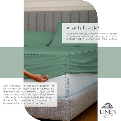 Linen Home Full Size 100% Cotton Percale Sheets, 4 Pc Set - Frosty Green