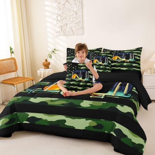 Erosebridal American Flag Camo 7 Piece Comforter Set Twin Bed in A Bag Happy Camping Bedding Set for Boys Girls Kids Army Green Camoflage Sheet Set with Comforter Camper Car Campsite Duvet Insert