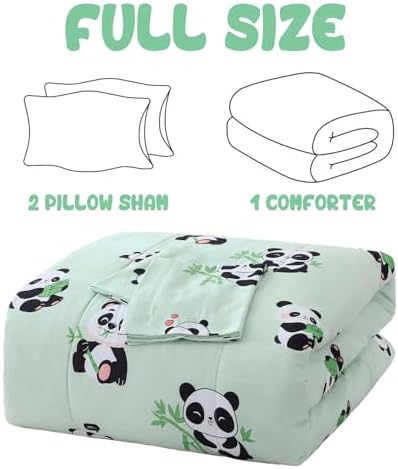 Yibeizi Kids Cute Panda Comforter Full Size Sage Green Bedding Set