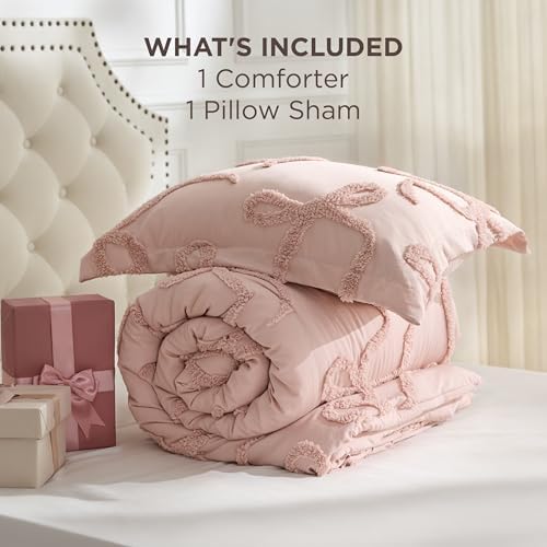 Bedsure Tufted Rose Pink Twin/Twin XL Comforter, GentleSoft™ 2 Pieces Bow Cute Bedding Pink Room Decor, Gifts for Girls Teens Women, All Seasons, 1 Bed Comforter, 1 Pillow Shams, 68x88 Inches