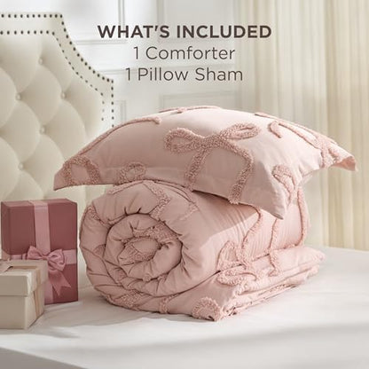 Bedsure Tufted Rose Pink Twin/Twin XL Comforter, GentleSoft™ 2 Pieces Bow Cute Bedding Pink Room Decor, Gifts for Girls Teens Women, All Seasons, 1 Bed Comforter, 1 Pillow Shams, 68x88 Inches