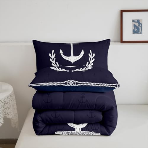 Anchor Bedding Set Queen Size,White Geometric Abstract Rope Palm Leaf Comforter Set 3pcs for Kids Boys Teens Room Decor,Nautical Adventure Quilt Set Navy Blue Duvet Insert,2 Pillowcases