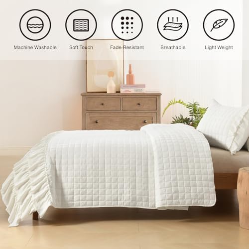 HORIMOTE HOME Ivory Ruffled Quilt Set Twin Size, Classic Geometric Square Stitched Pattern, Pre-Washed Farmhouse Shabby Chic Microfiber Lightweight Bedding Set Bedspread Coverlet for All Season