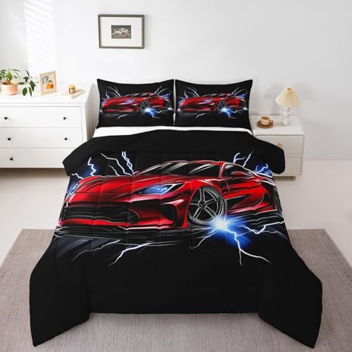 Erosebridal Race Car Queen Comforter Set for Boys Teens Red Sports Car Bedding Set Cool Speed Car Down Comforter Extreme Sports Theme Quilt White Lightning Decor Duvet Insert with 2 Pillowcases