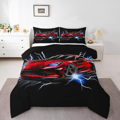 Erosebridal Race Car Twin Comforter Set for Boys Teens Red Sports Car Bedding Set Cool Speed Car Down Comforter Extreme Sports Theme Quilt White Lightning Decor Duvet Insert with 1 Pillowcase