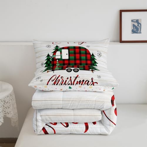 Christmas RV Camper Comforter Set Twin,Rustic Farmhouse Bedding Set for Kids Teens Adults Room Decor,Colorful Xmas Camping Car Quilt Set Cartoon Outdoor Traveling Duvet Insert,1 Pillowcase