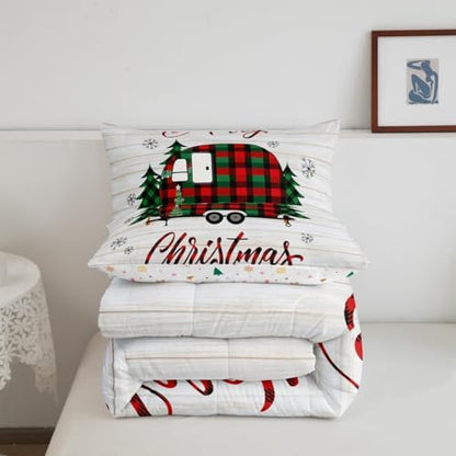 Christmas RV Camper Comforter Set Twin,Rustic Farmhouse Bedding Set for Kids Teens Adults Room Decor,Colorful Xmas Camping Car Quilt Set Cartoon Outdoor Traveling Duvet Insert,1 Pillowcase