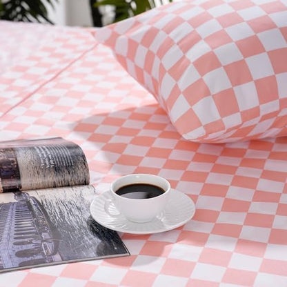 Best Season Bed Sheet Set 4 Piece -Full Size-Soft Durable Microfiber Bedding Sheet Set,Deep Pocket,Stain,Fade & Wrinkle Resistant Green and White Checkerboard Grid(Plaid Coral&White)