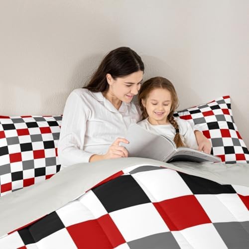 Checkered Geometric Comforter Set King Size Red Grey Black Plaid Bedding Set for Kids Boys Girls Checkerboard Modern Aesthetic Duvet Quilt Reversible Grey Bedroom Decor 3 Pcs with 2 Pillow Cases