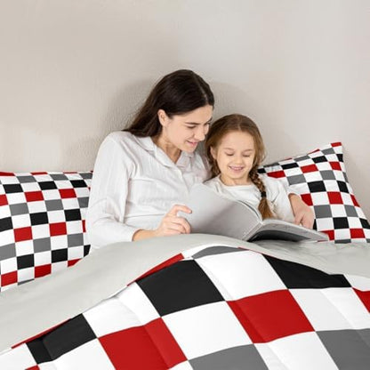 Checkered Geometric Comforter Set Queen Size Red Grey Black Plaid Bedding Set for Kids Boys Girls Checkerboard Modern Aesthetic Duvet Quilt Reversible Grey Bedroom Decor 3 Pcs with 2 Pillow Cases