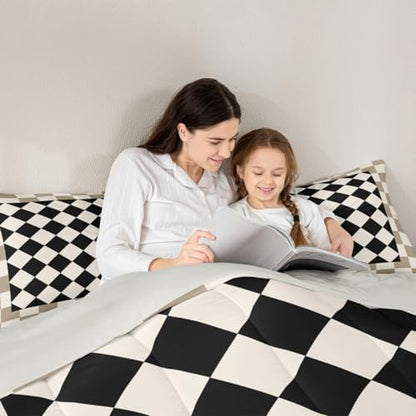 Feelyou Checkered Kids Comforter Set Twin Size Beige Brown Plaid Bedding Set Geometric Groovy Aesthetic Duvet Quilt for Kids Boys Girls Bedroom Reversible Grey Decor