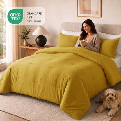 CozyLux Full Comforter Set 3 Pieces Down Alternative Bedding Mustard Yellow
