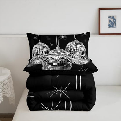 Homewish Dance Party King Size Comforter Set,Kids Vintage Music Black Decor All Season Bedding Set,Teens Disco Light Comforter,Geometric Square Circle Decor Quilt Set Bedroom Collection 3Pcs