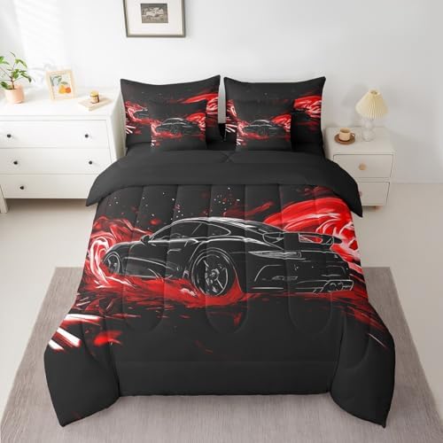 Feelyou Race Car Comforter Set with Sheets Queen Size Kids Speed Sports Car 7 Pieces Bedding Set for Boys Girls Teens Racing Car Bed in a Bag Breathable Extreme Sports Bed Set Red Automobile