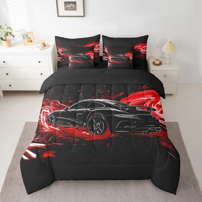 Feelyou Race Car Comforter Set with Sheets Queen Size Kids Speed Sports Car 7 Pieces Bedding Set for Boys Girls Teens Racing Car Bed in a Bag Breathable Extreme Sports Bed Set Red Automobile