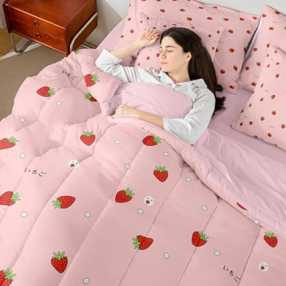 Erosebridal Girls Strawberry 7 Piece Bedding Set Twin Size Kawaii Bed in A Bag Kids Japanese Style Pink Cute Cartoon Fruit Food Theme Comforter with Sheets Girly White Floral Bed Sets