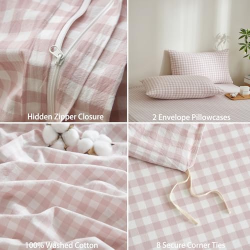 Gingham Duvet Cover Set 3 Piece 100% Washed Cotton Linen Feel Modern Plaid Checkered Bedding Comfy Breathable (Greyish Pink/White Gingham, Full)