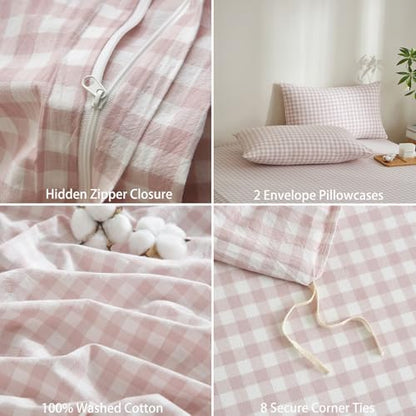 Gingham Duvet Cover Set 3 Piece 100% Washed Cotton Linen Feel Modern Plaid Checkered Bedding Comfy Breathable (Greyish Pink/White Gingham, King)