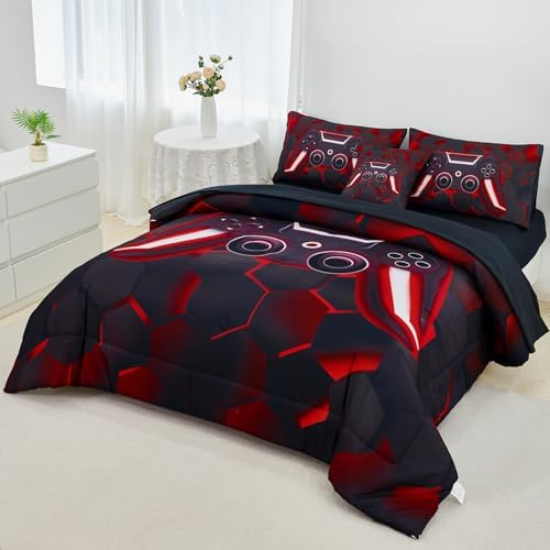 URBONUR Black and Red Gaming Comforter Set Twin Size for Boys 6 Pieces