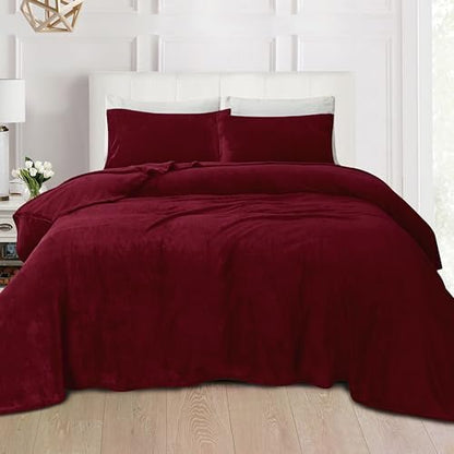 Elegant Comfort Luxuriously Soft 4-Piece Velvet Plush Flannel Sheet Set - Premium Quality - Cozy Warm, Anti-Static, Non Pilling Fuzzy Velvet Flannel Fleece Deep Pocket Sheet Set - Cal King, Burgundy