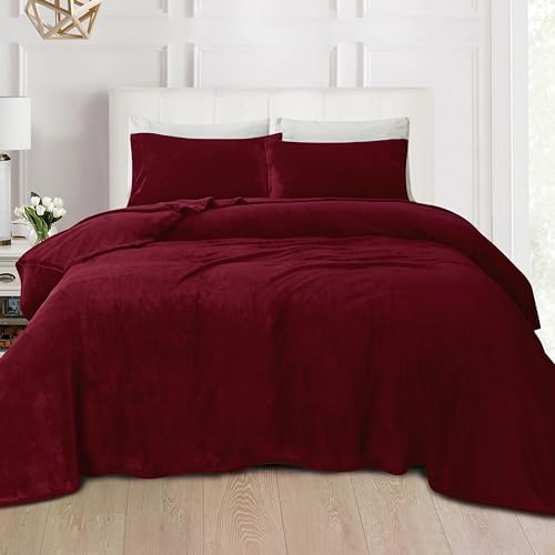 Elegant Comfort Luxuriously Soft 4-Piece Velvet Plush Flannel Sheet Set - Premium Quality - Cozy Warm, Anti-Static, Non Pilling Fuzzy Velvet Flannel Fleece Deep Pocket Sheet Set - Full, Burgundy