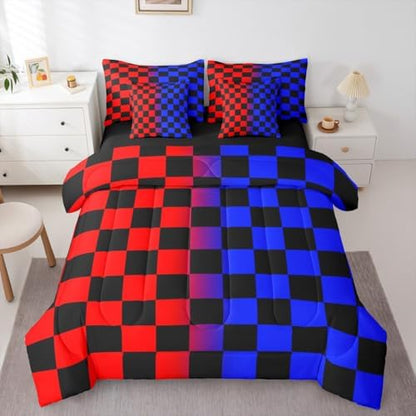 Checkered Comforter Set With Sheets 7 Piece King Size Red Blue Plaid Bed in a Bag Kids Boys Girls Cute Retro Neutral Checkerboard Geometric Bedding Set Vintage Aesthetic Bedroom Decor Breathable Soft