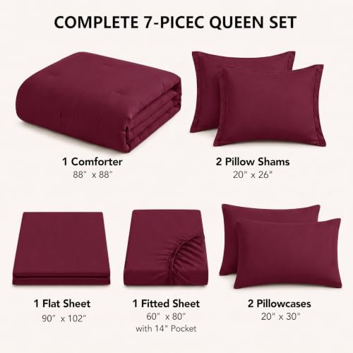HIMEET Queen Comforter Set, 7-Piece Point-Quilted Bed in a Bag Burgundy