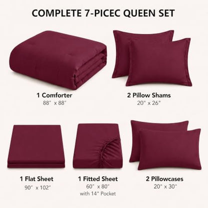 HIMEET Queen Comforter Set, 7-Piece Point-Quilted Bed in a Bag Burgundy